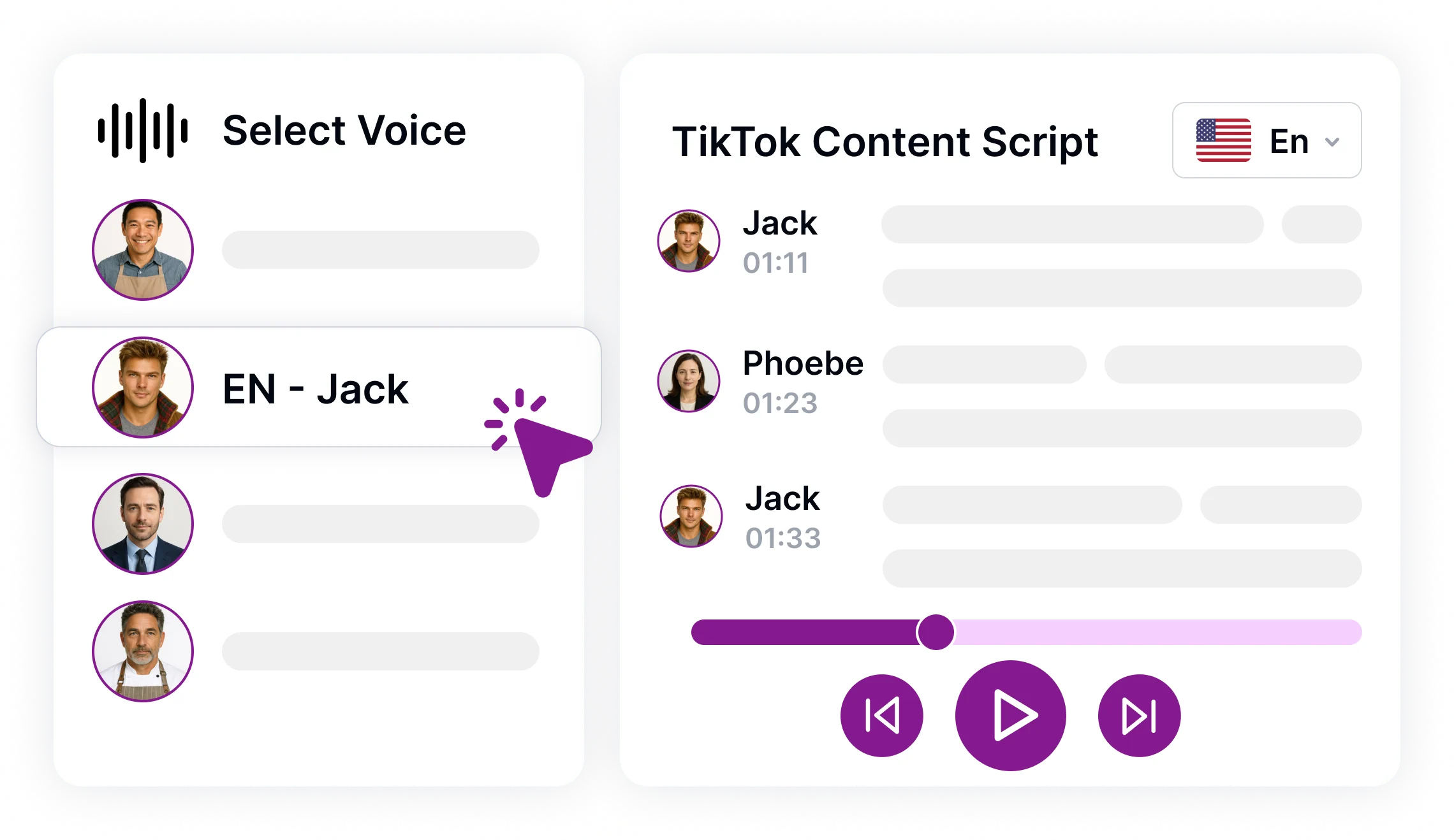 콘텐츠 아이콘으로 둘러싸인 마이크는 TikTok에 대한 Speaktor의 콘텐츠별 음성 해설 옵션을 보여줍니다.
