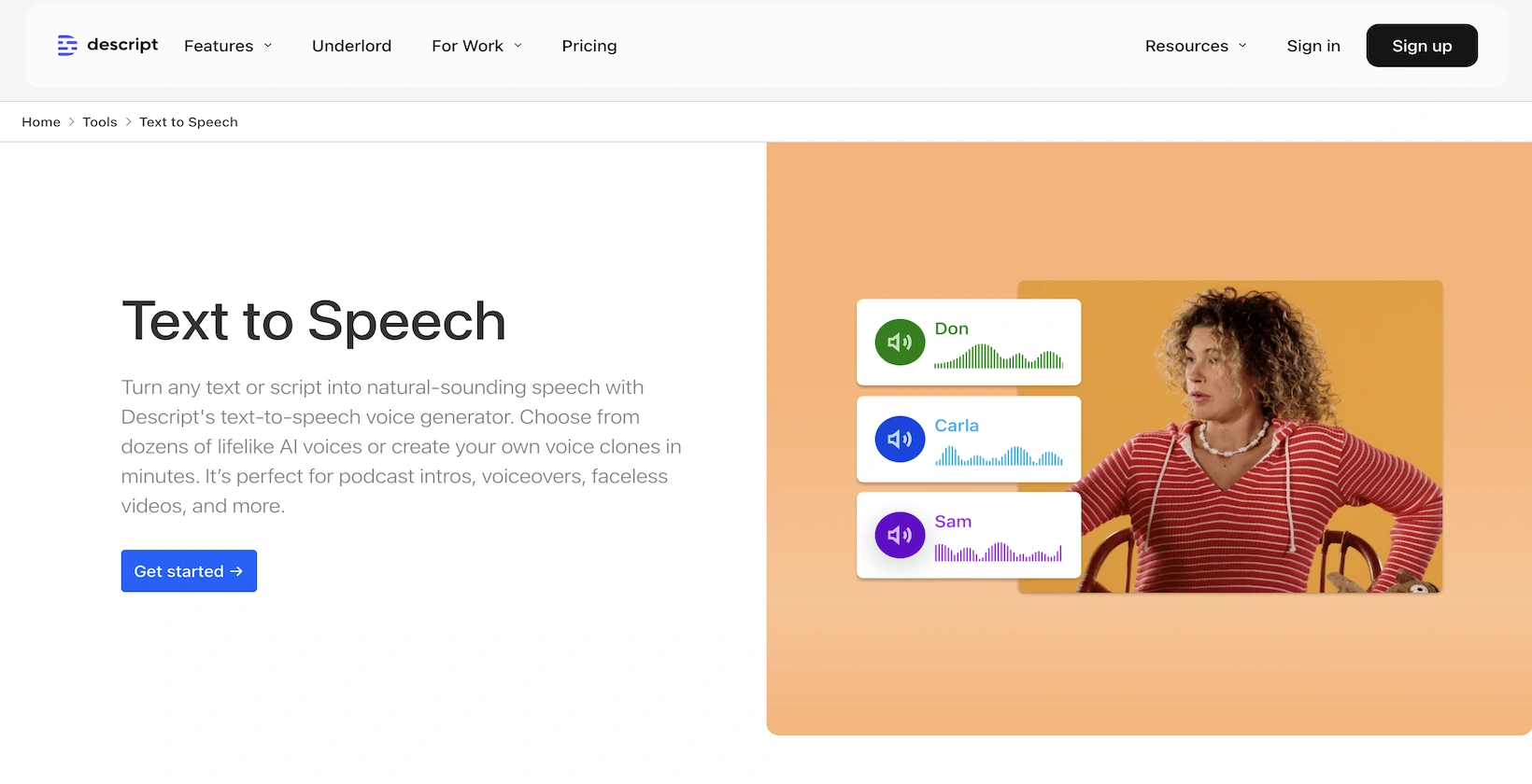 텍스트나 스크립트를 음성으로 변환할 수 있음을 보여주는 Descript 홈페이지의 스크린샷입니다.