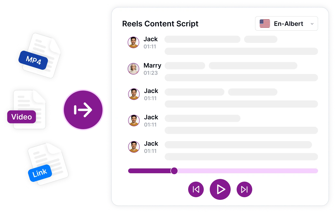 Цифров интерфейс, показващ скрипт за съдържание с времеви маркери и икони на потребителски профил.