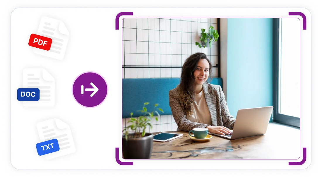 Усмихната жена в кафене ефективно конвертира документи в различни формати на лаптопа си.