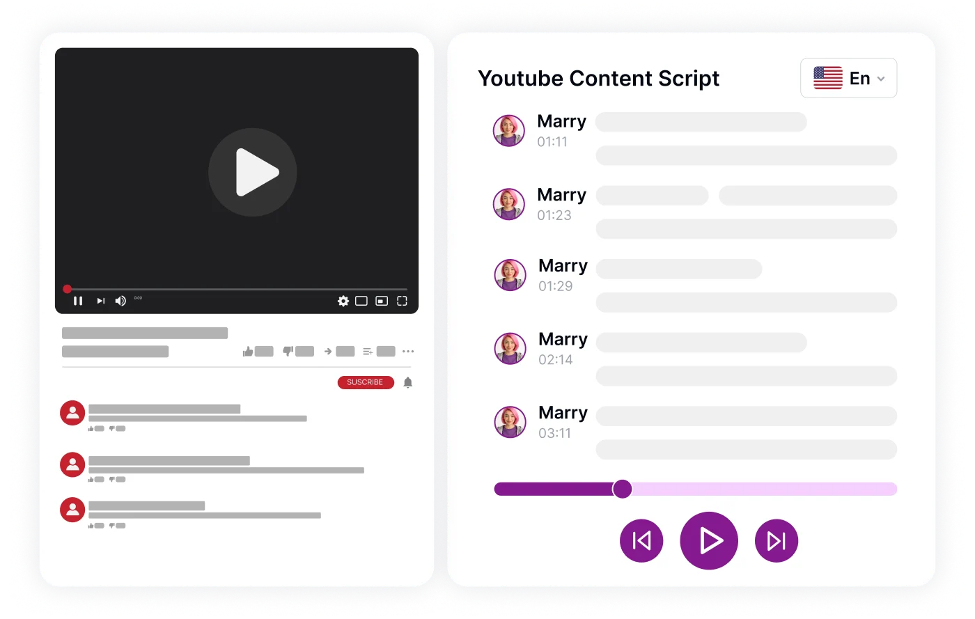 Текст, който се преобразува в говор и запис на видеоклип в YouTube.