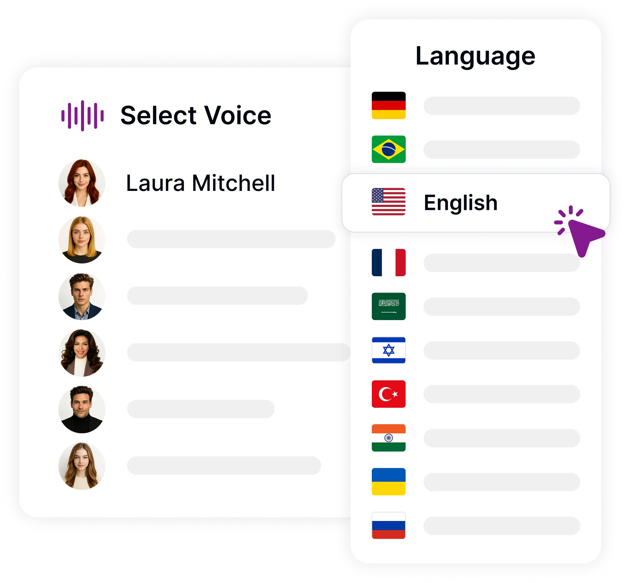 用户界面展示了文本到语音转换软件的各种国际语音选项。