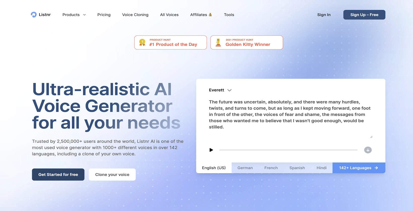 Екранна снимка на началната страница на Listnr показва, че тя може да създава ултрареалистични звуци с различни гласове.