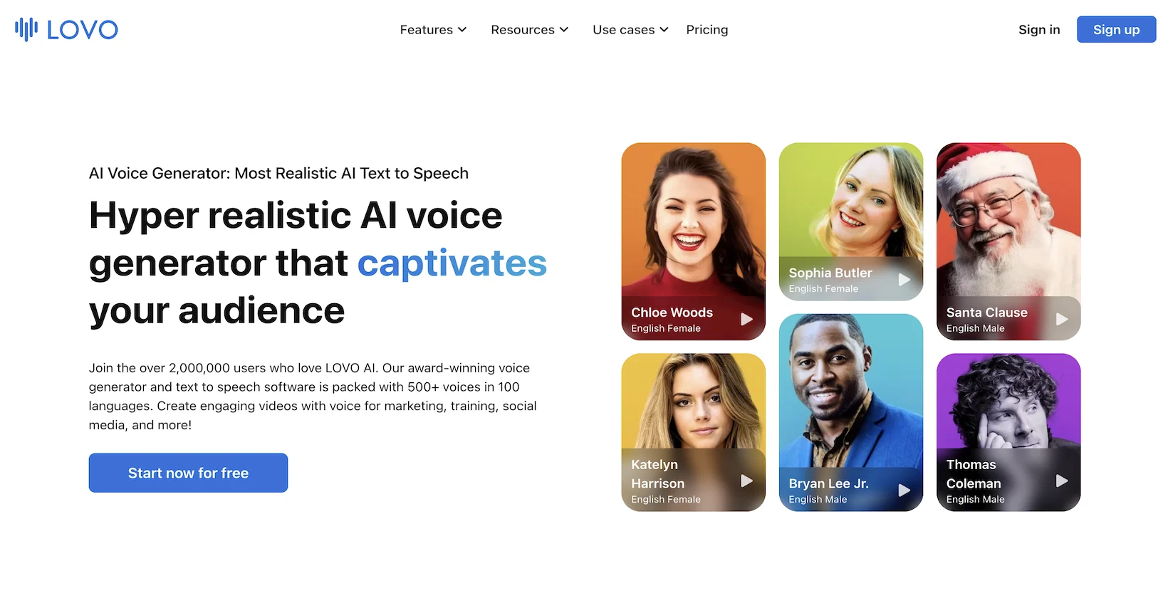 LOVO 홈페이지의 스크린샷은 AI 텍스트 음성 변환 도구가 사실적인 AI 음성을 생성할 수 있음을 보여줍니다.