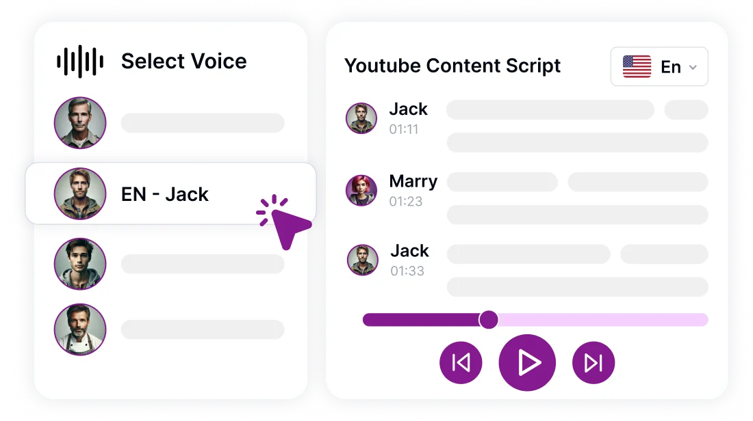 Потребителски интерфейс, показващ опции за избор на различни гласови профили, наречени EN-Jack и други, за скрипт за съдържание в YouTube.