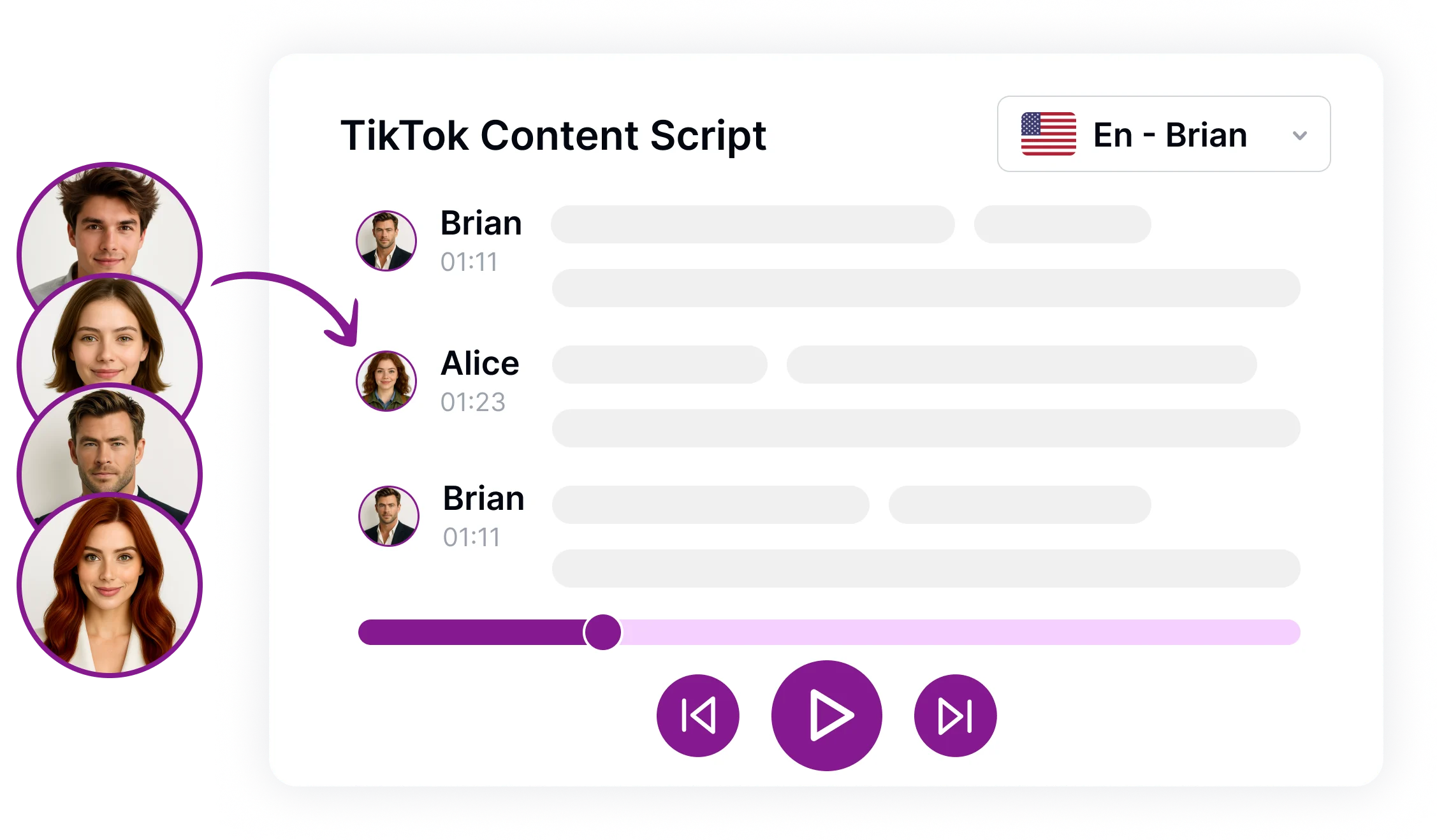 TikTok 음성 해설에 사용할 수 있는 다양한 음성 스타일을 보여주는 여러 음성 아이콘이 있는 그래픽입니다.
