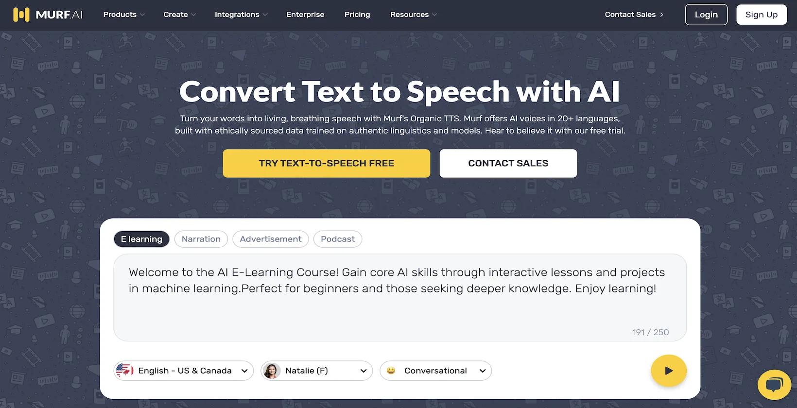 AI를 사용하여 텍스트를 음성으로 변환할 수 있음을 보여주는 Murf 홈페이지의 스크린샷입니다.