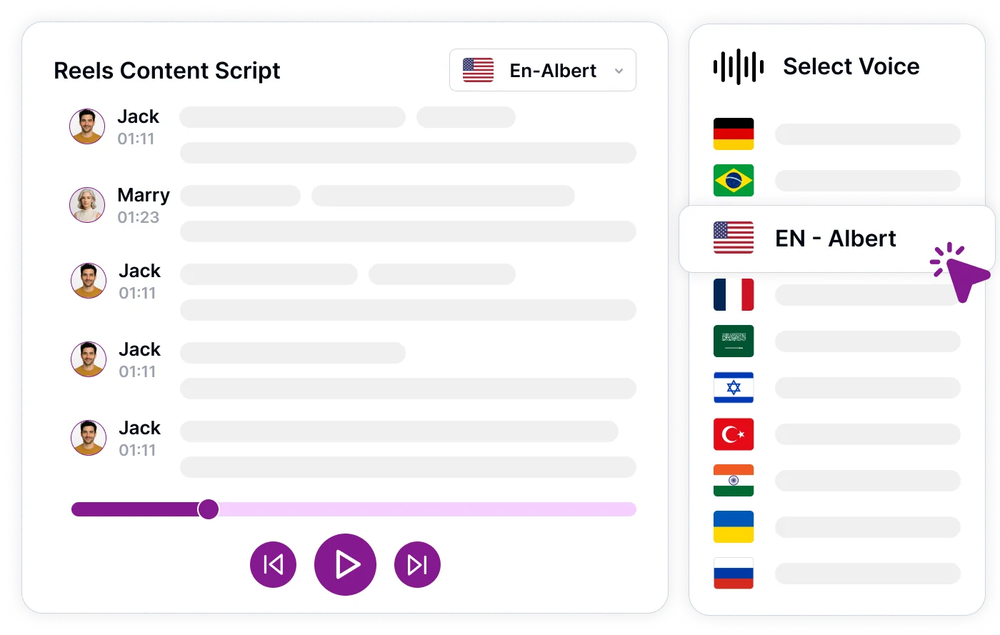 Интерфейс на инструмент за избор на глас с различни флагове и панел Reels Content Script.
