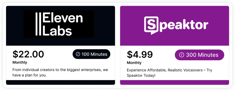 Speaktor의 저렴한 요금제 비교 차트입니다.