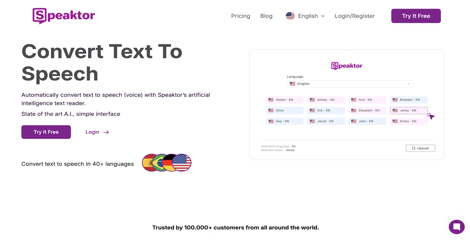 Екранна снимка на началната страница на Speaktor, показваща неговата функция за преобразуване на текст в реч и бутон за изпробване безплатно.