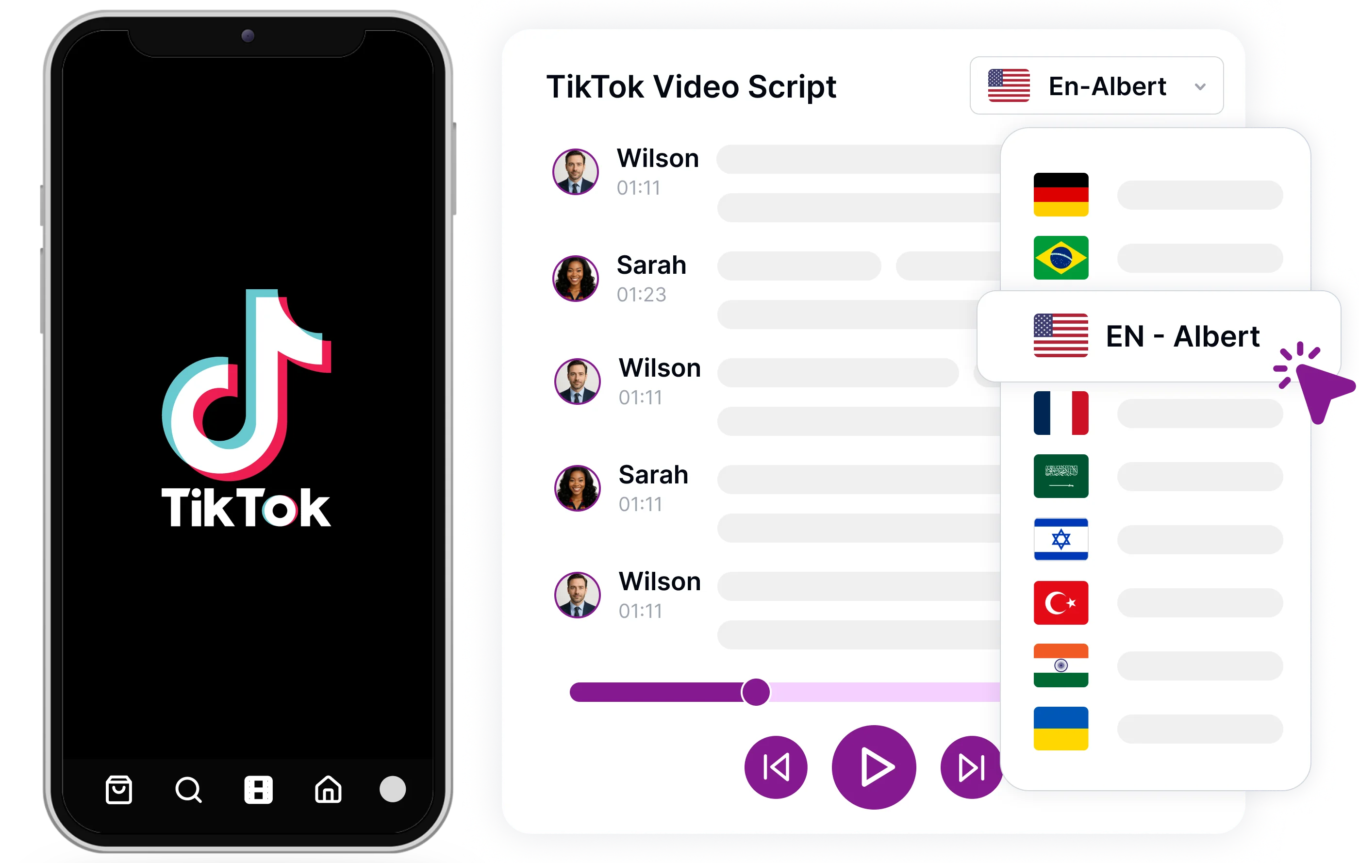 강조 표시된 EN-Albert 옵션과 함께 다양한 국가에 대한 음성 선택 옵션을 보여주는 인터페이스.